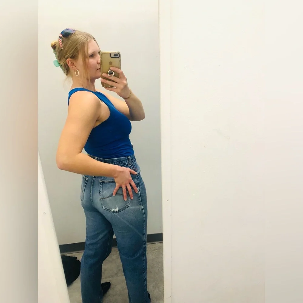 Full Blue Registered Vintage Straight Leg Distressed Jeans Retro High Rise - Picture 3 of 16